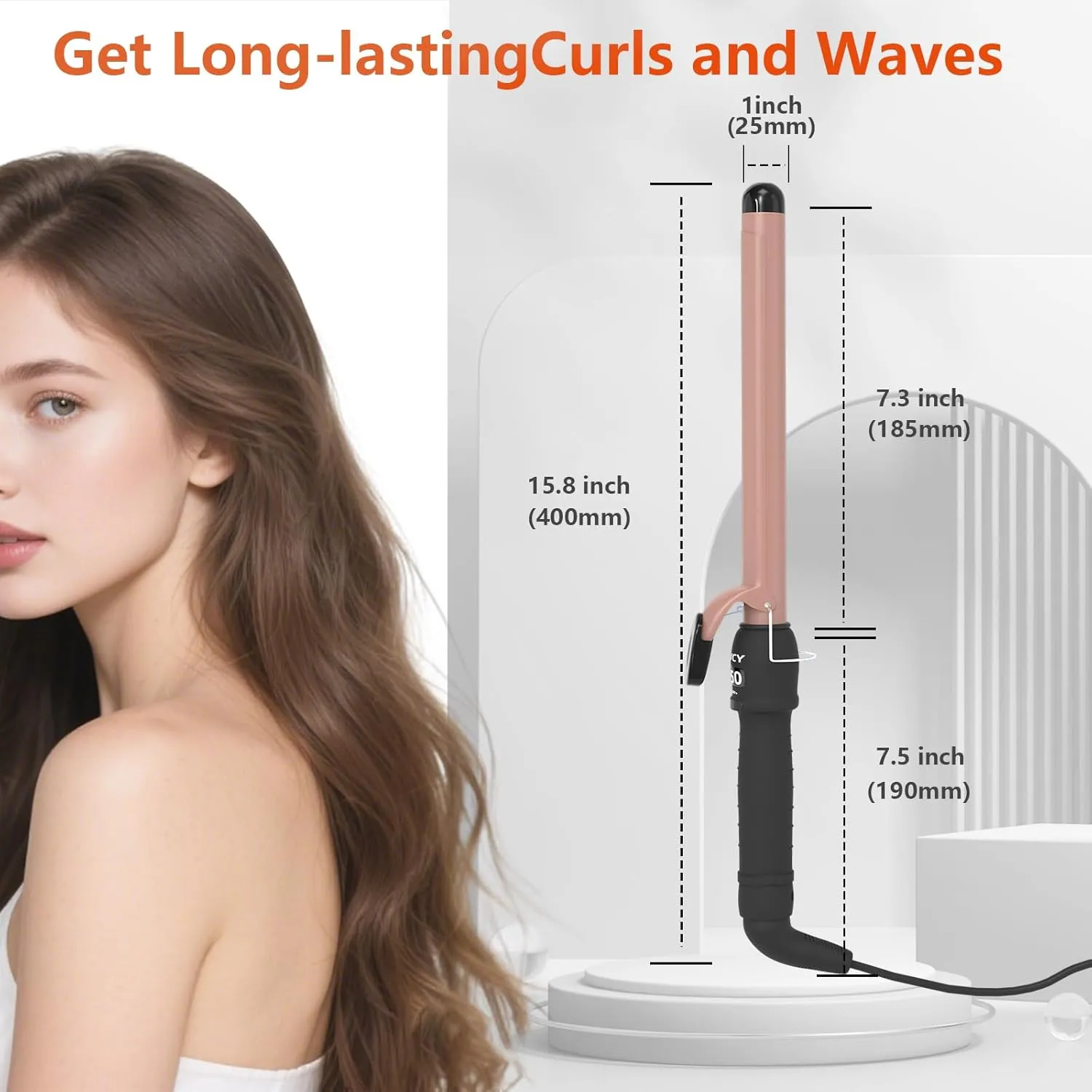 1 Inch Curling Iron - Ceramic Curling Iron, Fast Heat Function LCD Display 180°F-450°F Adjustable, Long Lasting Beach Waves, Dual Voltage Curler, Heat Resistant, Rose Gold