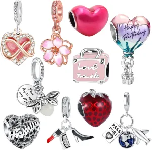 10 Pack Silver Bead Charms for Pandora Bracelets and Necklaces Charm for Woman Cubic Zirconias Dangle Pendant Jewelry Beads Set Style1