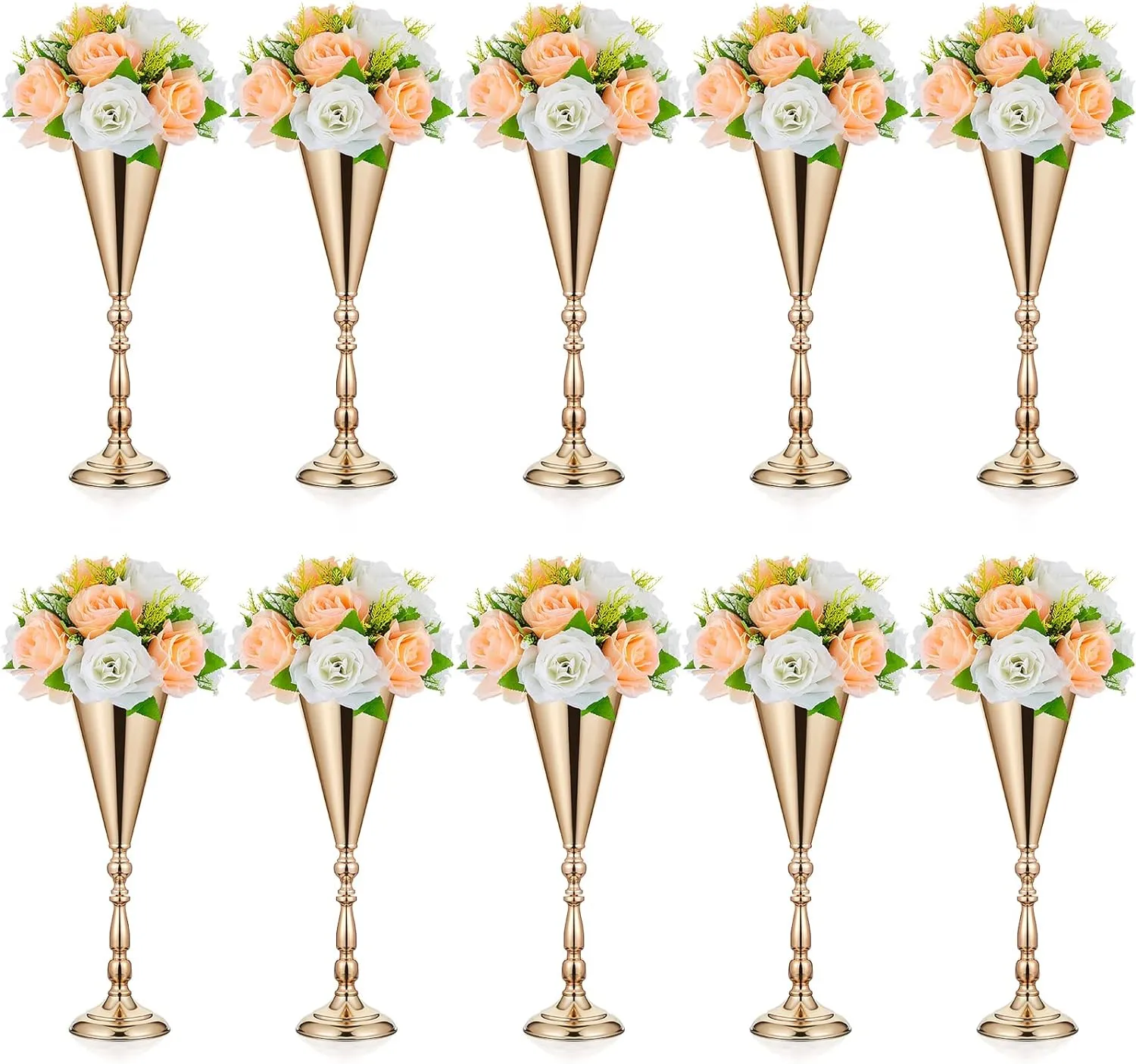 10 Pcs Gold Vase Bulk Wedding Centerpiece Table Decorations Metal Flower Arrangement Stand for Reception, 16.5 Inch Trumpet Tall Flower Vase for Birthday, Weddings, Anniversary, Home Decoration