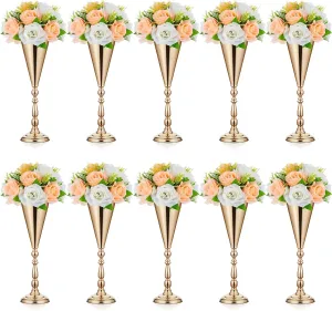 10 Pcs Gold Vase Bulk Wedding Centerpiece Table Decorations Metal Flower Arrangement Stand for Reception, 16.5 Inch Trumpet Tall Flower Vase for Birthday, Weddings, Anniversary, Home Decoration
