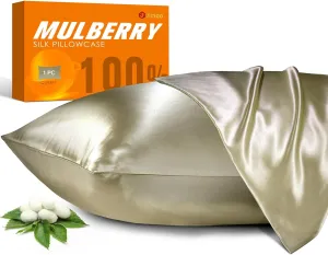 100% Mulberry Silk Pillowcase for Hair and Skin, 22 Momme Pure Natural Silk Pillow Case Both Sided with Zipper, Pillow Cover for Women Mom Men (Champagne, Queen 20''×30'')