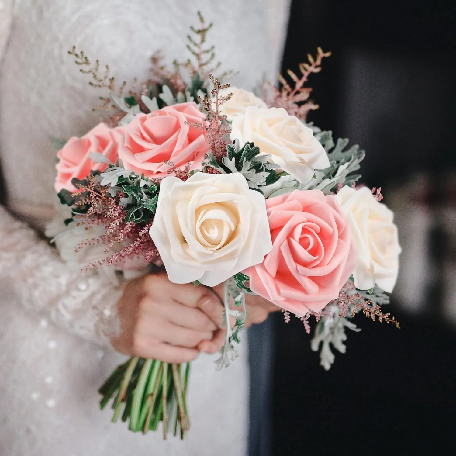 100 Pcs Artificial Flowers Real Looking Rose Flowers Foam Fake Roses with Leaves and Stems for DIY Wedding Bouquets Centerpieces Bridal Shower Party Home Decor(Pink, Champagne)