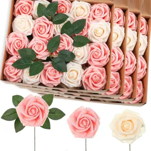 100 Pcs Artificial Flowers Real Looking Rose Flowers Foam Fake Roses with Leaves and Stems for DIY Wedding Bouquets Centerpieces Bridal Shower Party Home Decor(Pink, Champagne)