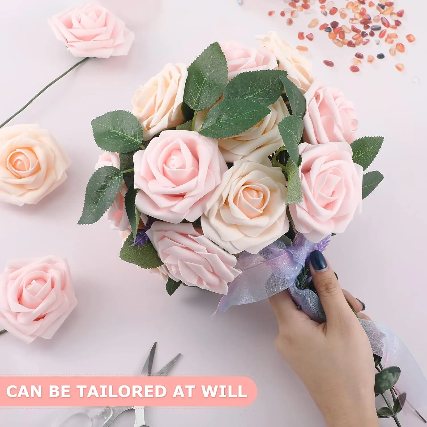 100 Pcs Artificial Flowers Real Looking Rose Flowers Foam Fake Roses with Leaves and Stems for DIY Wedding Bouquets Centerpieces Bridal Shower Party Home Decor(Pink, Champagne)