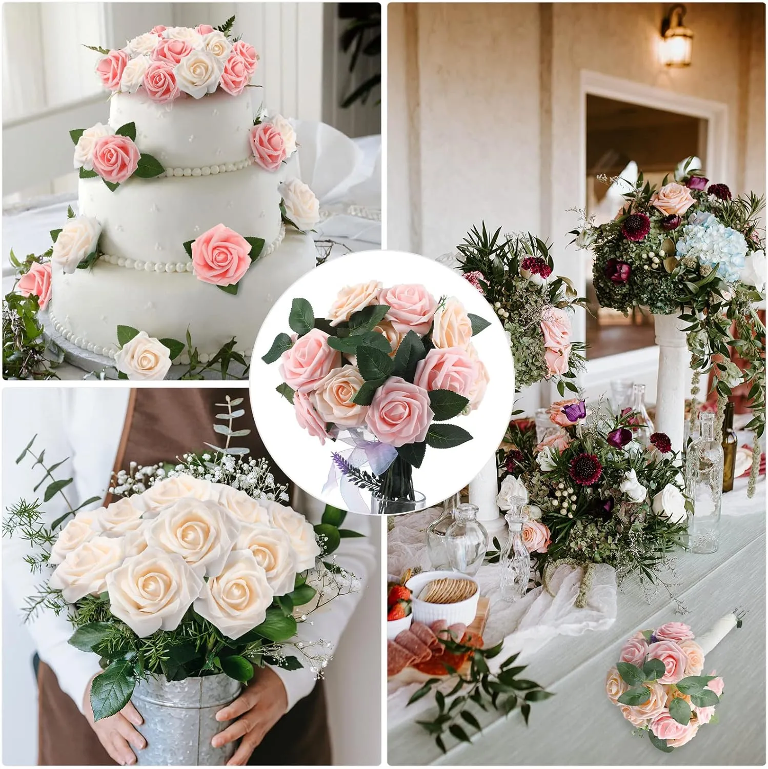 100 Pcs Artificial Flowers Real Looking Rose Flowers Foam Fake Roses with Leaves and Stems for DIY Wedding Bouquets Centerpieces Bridal Shower Party Home Decor(Pink, Champagne)