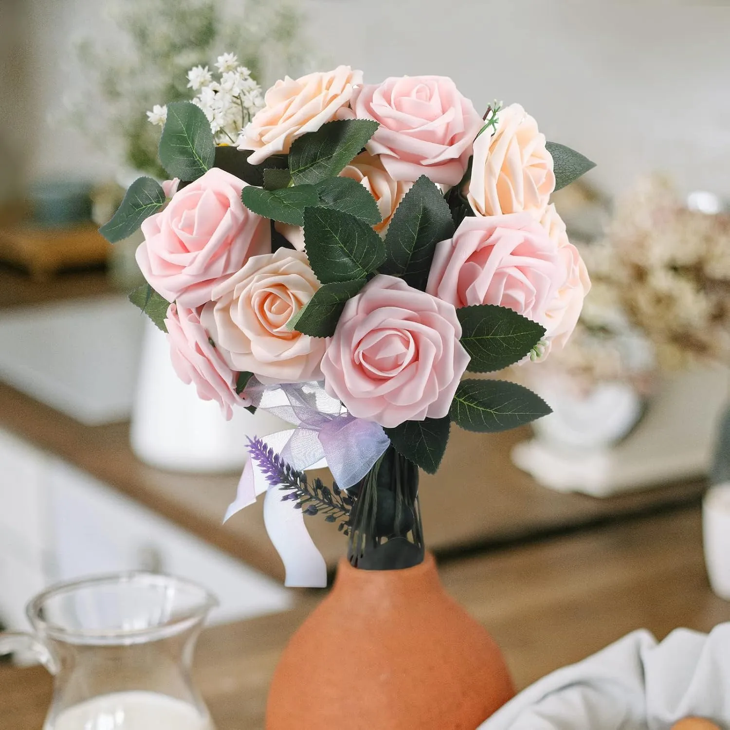 100 Pcs Artificial Flowers Real Looking Rose Flowers Foam Fake Roses with Leaves and Stems for DIY Wedding Bouquets Centerpieces Bridal Shower Party Home Decor(Pink, Champagne)