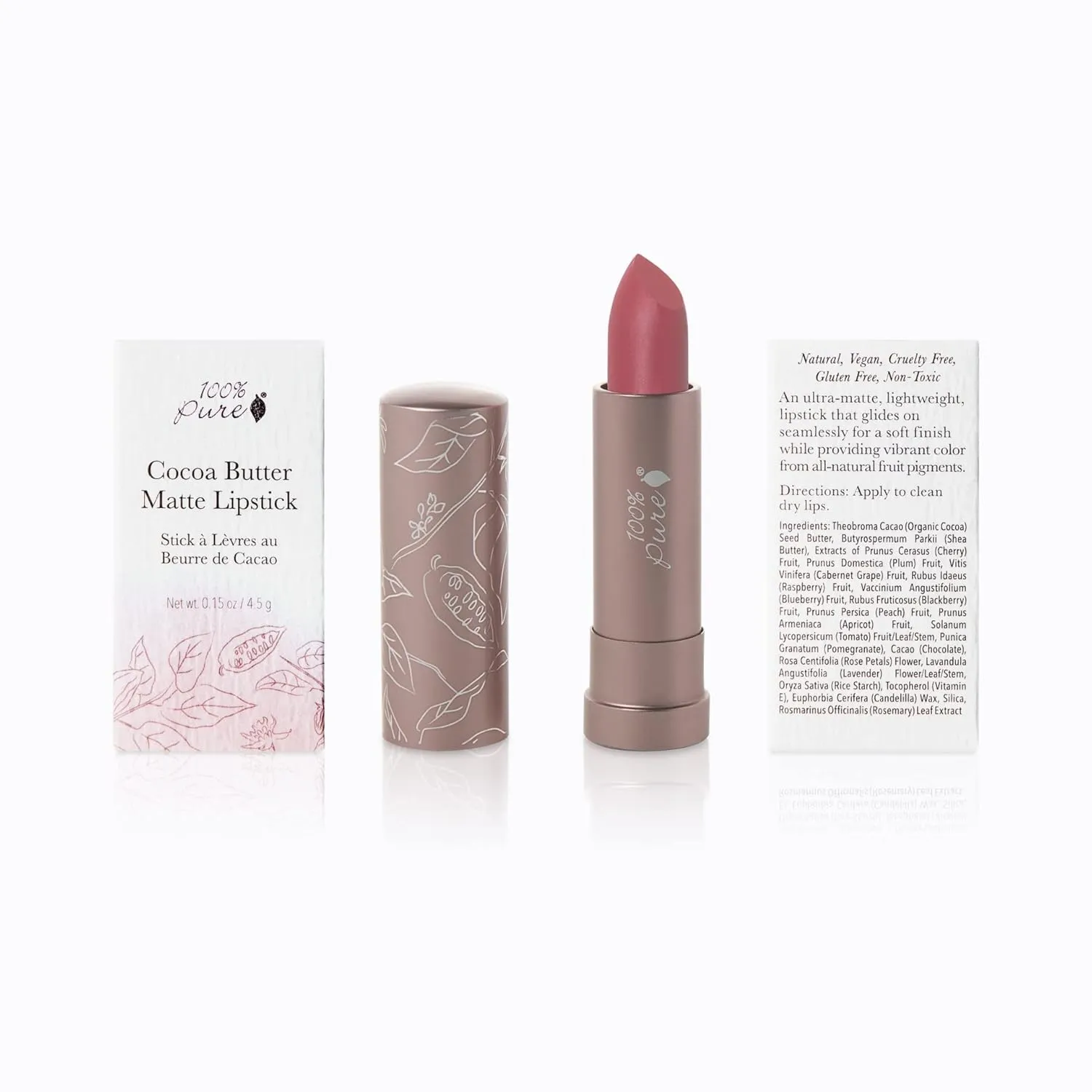 100% PURE Cocoa Butter Matte Lipstick Full Stay All Day Coverage, Lasting Moisturizing & Softening Natural Lip Color for All Skin Tones, Vegan Fruit Pigmented Plume Pink (Nude Pink Mauve) - 0.15 oz