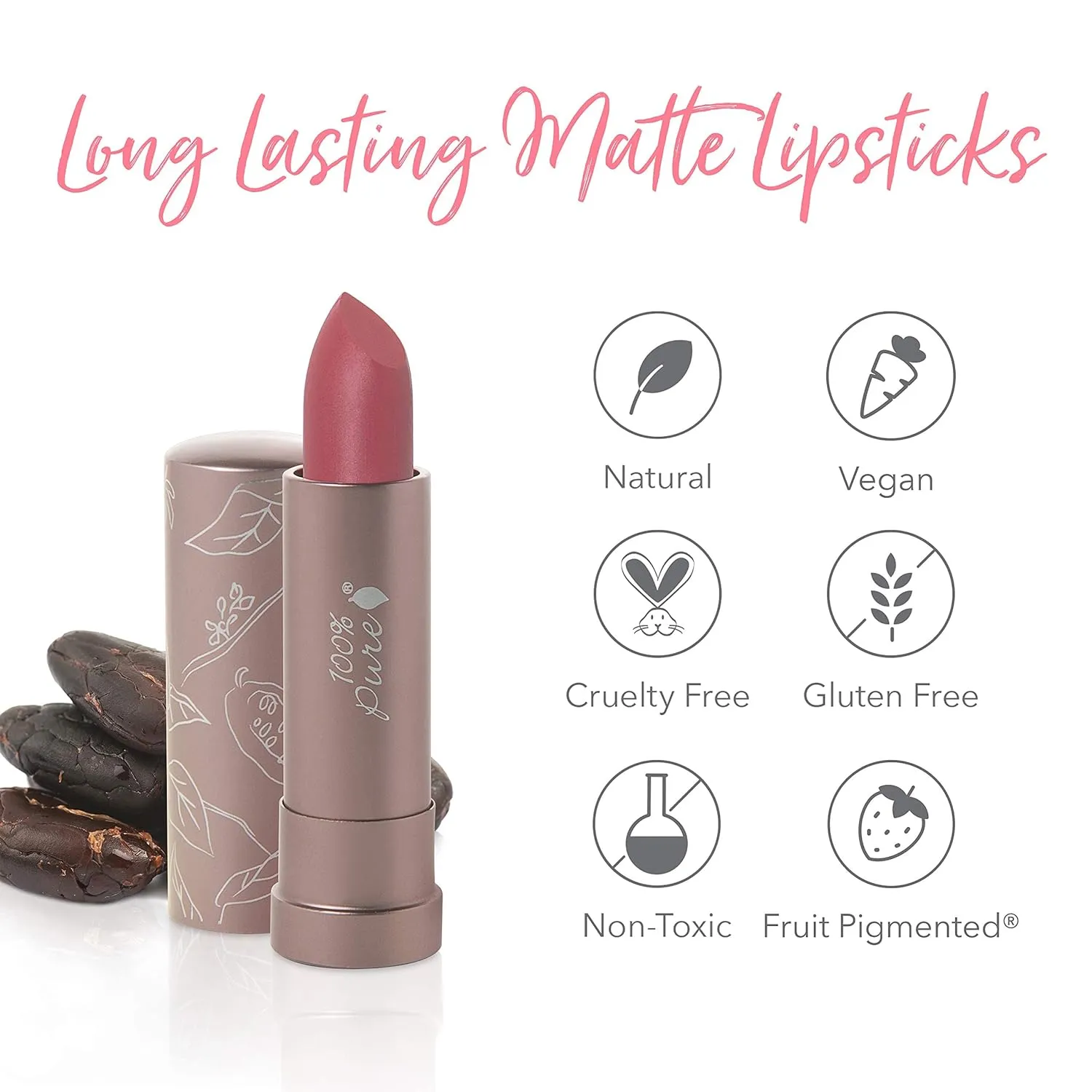100% PURE Cocoa Butter Matte Lipstick Full Stay All Day Coverage, Lasting Moisturizing & Softening Natural Lip Color for All Skin Tones, Vegan Fruit Pigmented Plume Pink (Nude Pink Mauve) - 0.15 oz