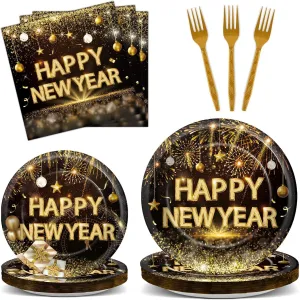 100pcs Happy New Year Black and Gold Party Tableware Set 2025 New Year's Eve Disposable Paper Decorations Supplies NYE Dinner Dessert Plates and Napkins Forks Holiday Party Celebration for 25 Guests