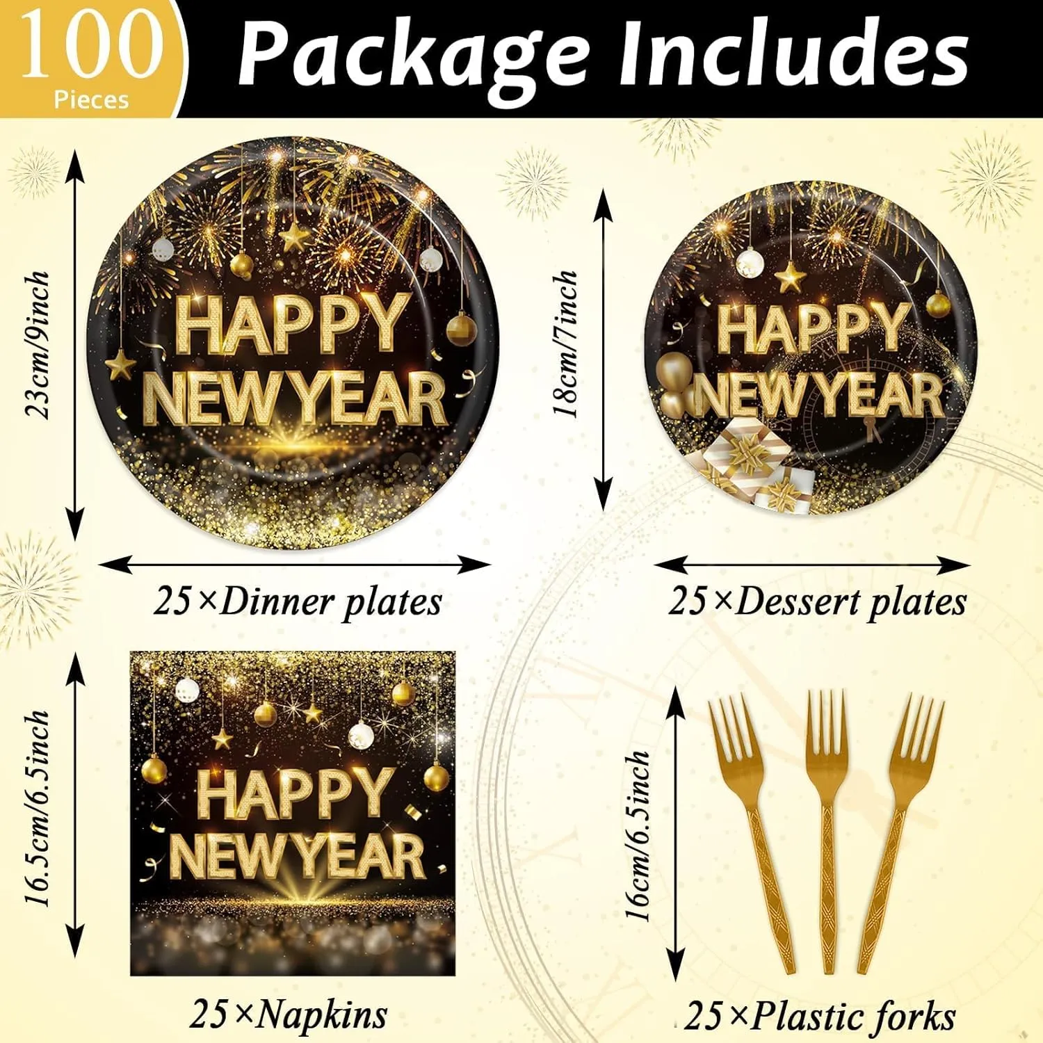 100pcs Happy New Year Black and Gold Party Tableware Set 2025 New Year's Eve Disposable Paper Decorations Supplies NYE Dinner Dessert Plates and Napkins Forks Holiday Party Celebration for 25 Guests