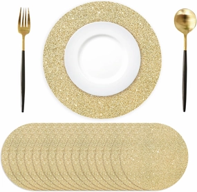 100PCS Light Gold Paper Placemats Disposable 13.4 Inch Shiny Golden Place Mats Round Decorative Glitter Table Mats for Birthday Wedding Mother's Day Party Sparkle Dining Tableware