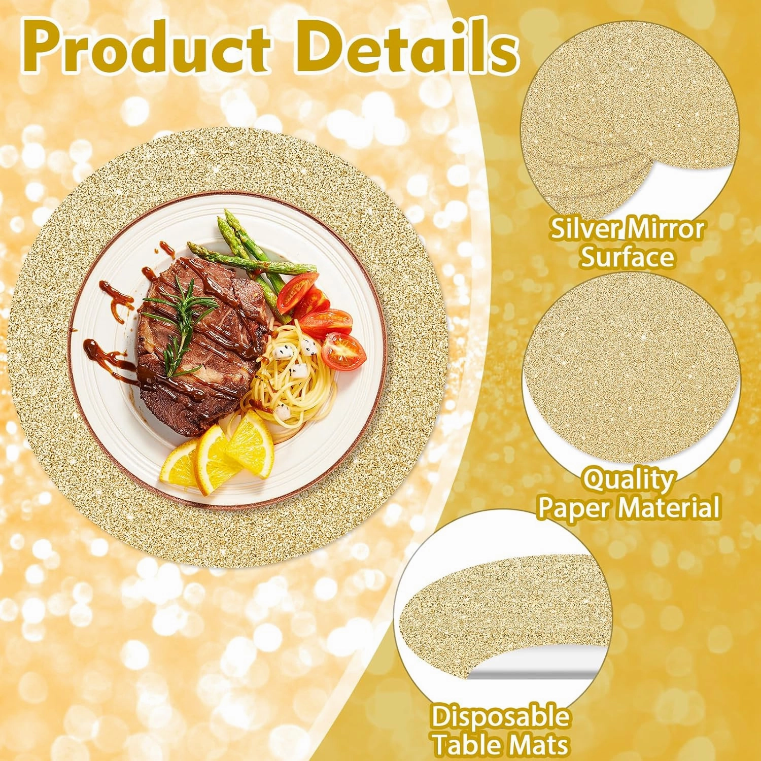 100PCS Light Gold Paper Placemats Disposable 13.4 Inch Shiny Golden Place Mats Round Decorative Glitter Table Mats for Birthday Wedding Mother's Day Party Sparkle Dining Tableware
