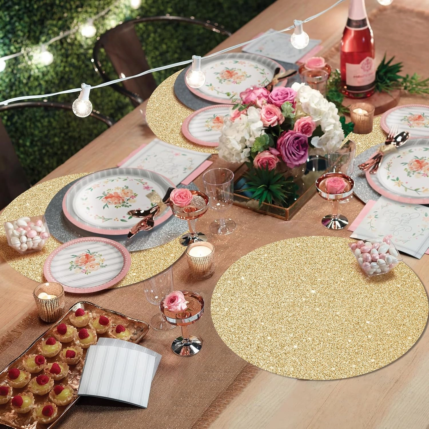 100PCS Light Gold Paper Placemats Disposable 13.4 Inch Shiny Golden Place Mats Round Decorative Glitter Table Mats for Birthday Wedding Mother's Day Party Sparkle Dining Tableware