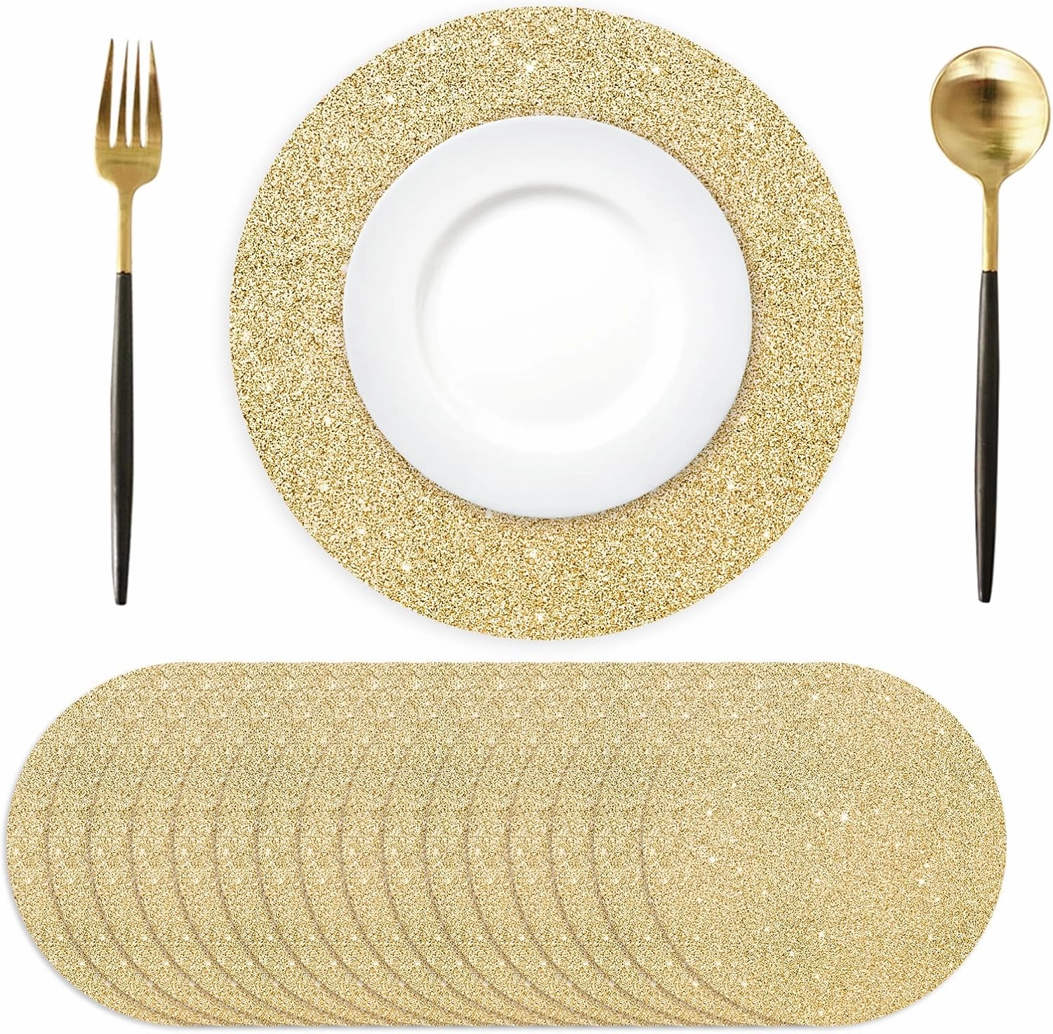 100PCS Light Gold Paper Placemats Disposable 13.4 Inch Shiny Golden Place Mats Round Decorative Glitter Table Mats for Birthday Wedding Mother's Day Party Sparkle Dining Tableware