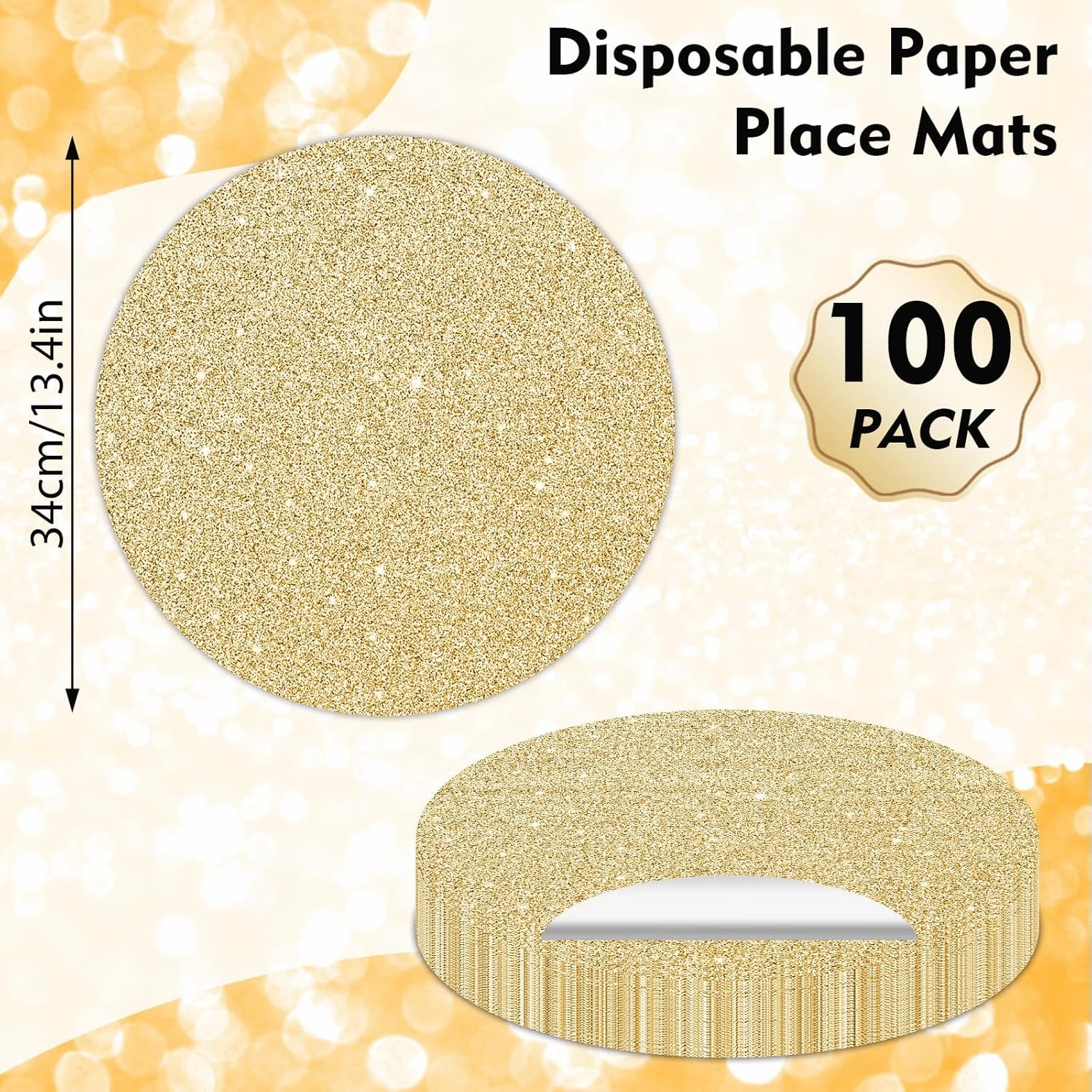 100PCS Light Gold Paper Placemats Disposable 13.4 Inch Shiny Golden Place Mats Round Decorative Glitter Table Mats for Birthday Wedding Mother's Day Party Sparkle Dining Tableware