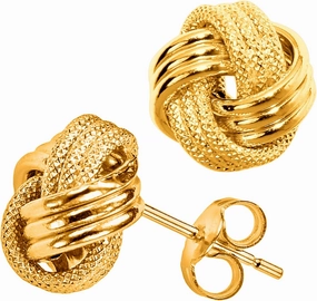 10k Yellow Gold Shiny And Textured Triple Love Knot Stud Earrings, 9mm