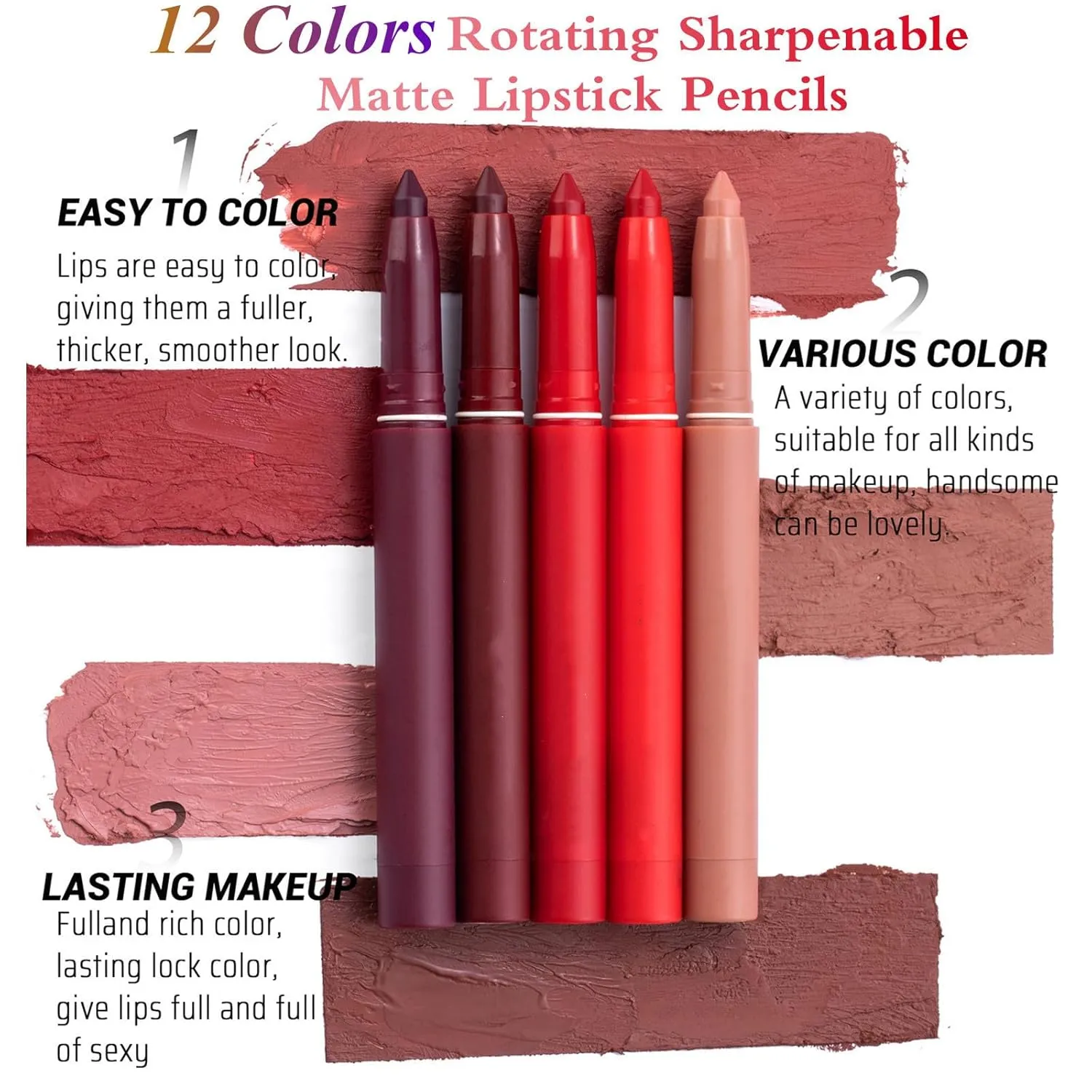 12 Color Rotating Sharpenable Matte Lipstick Pencils, Matte Velvety Long-lasting Non-Stick, Waterproof Smudgeproof (6 PCS B)
