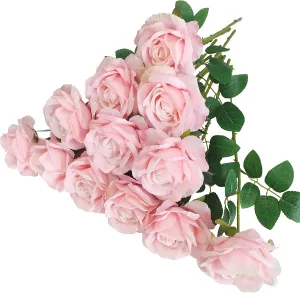 12 Pcs Light Pink Roses Artificial Flowers, Faux Baby Pink Flowers Bulk,Floral Diameter 4'',Artificial Fake Silk Plastic Roses Flowers With Stems for Wedding,Flores Artificiales Para Decoracion