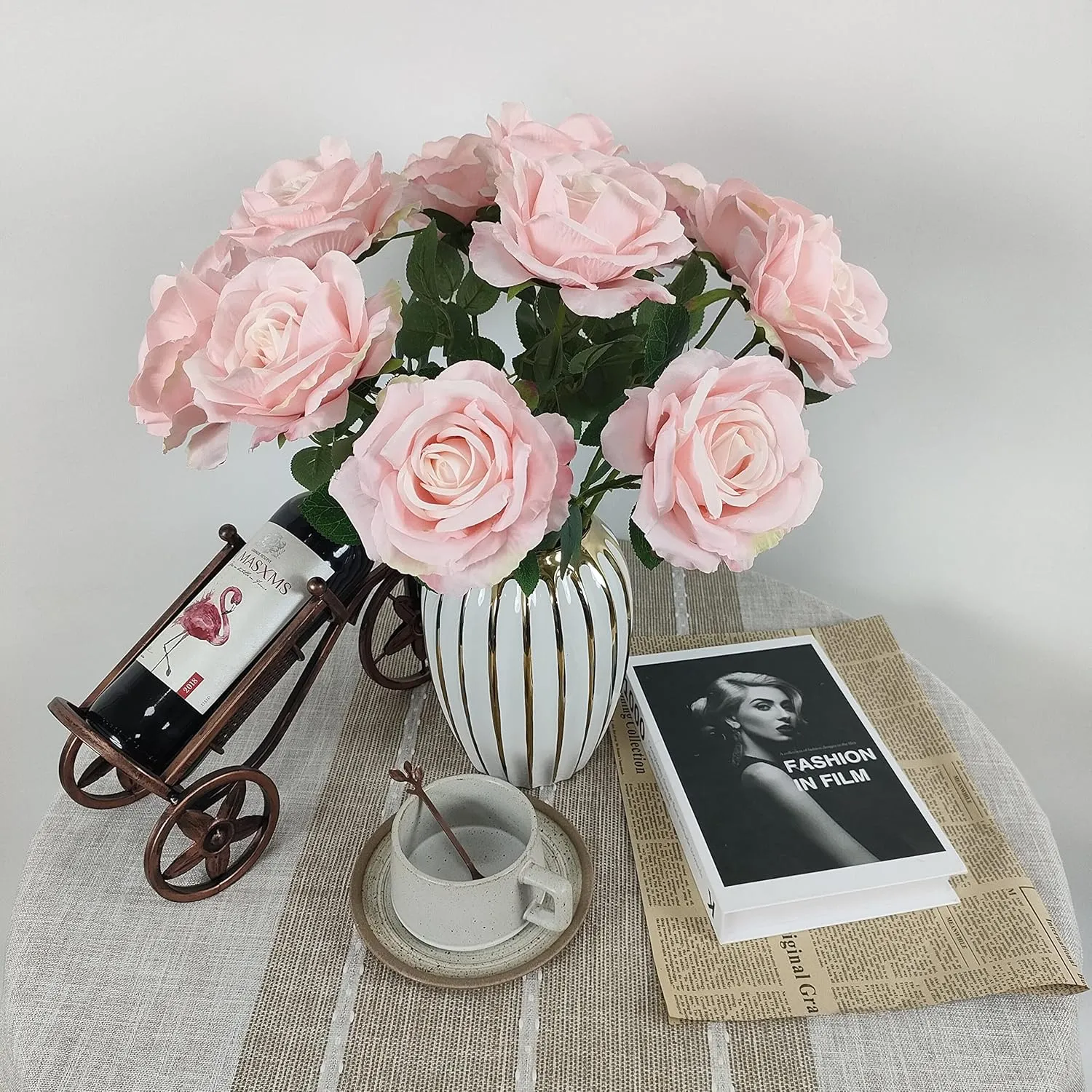 12 Pcs Light Pink Roses Artificial Flowers, Faux Baby Pink Flowers Bulk,Floral Diameter 4'',Artificial Fake Silk Plastic Roses Flowers With Stems for Wedding,Flores Artificiales Para Decoracion