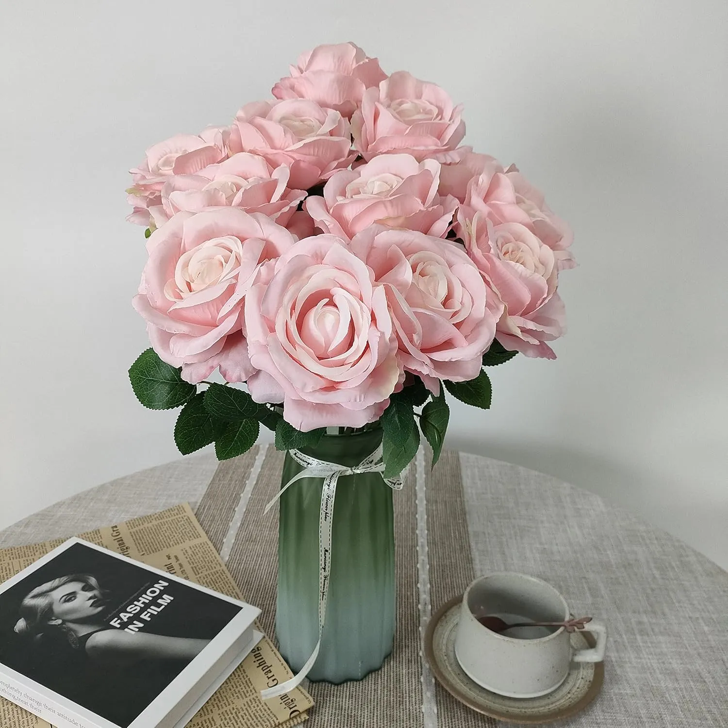 12 Pcs Light Pink Roses Artificial Flowers, Faux Baby Pink Flowers Bulk,Floral Diameter 4'',Artificial Fake Silk Plastic Roses Flowers With Stems for Wedding,Flores Artificiales Para Decoracion
