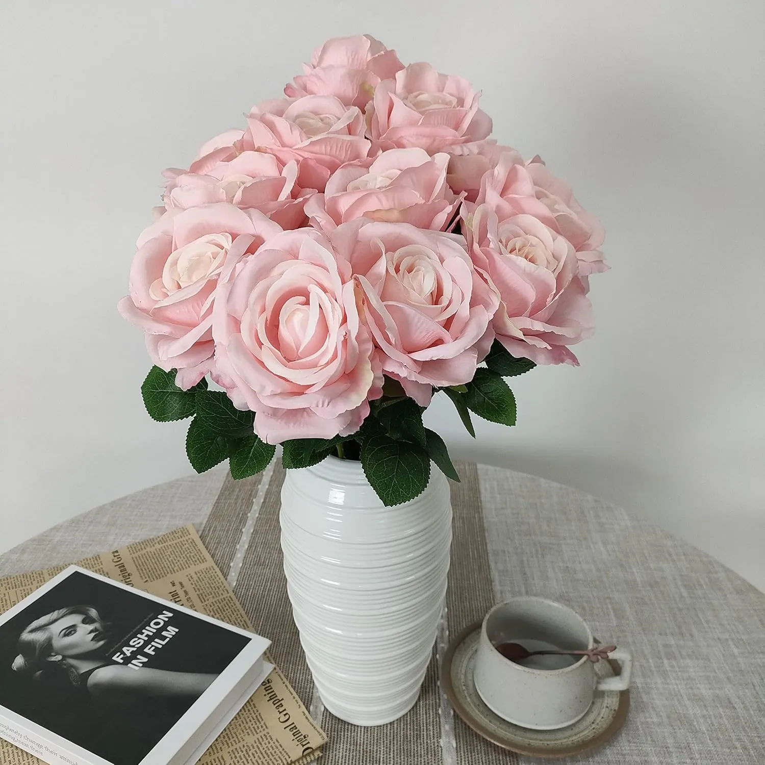 12 Pcs Light Pink Roses Artificial Flowers, Faux Baby Pink Flowers Bulk,Floral Diameter 4'',Artificial Fake Silk Plastic Roses Flowers With Stems for Wedding,Flores Artificiales Para Decoracion