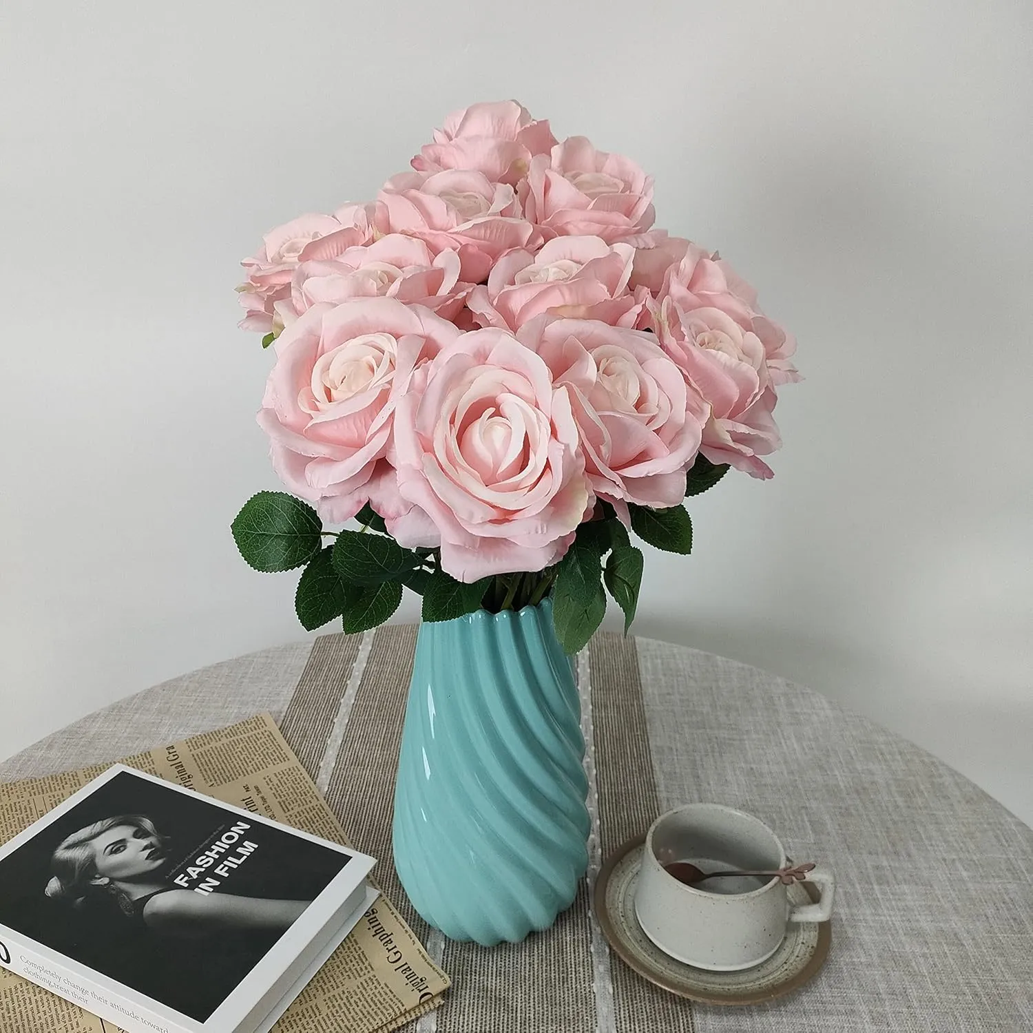 12 Pcs Light Pink Roses Artificial Flowers, Faux Baby Pink Flowers Bulk,Floral Diameter 4'',Artificial Fake Silk Plastic Roses Flowers With Stems for Wedding,Flores Artificiales Para Decoracion