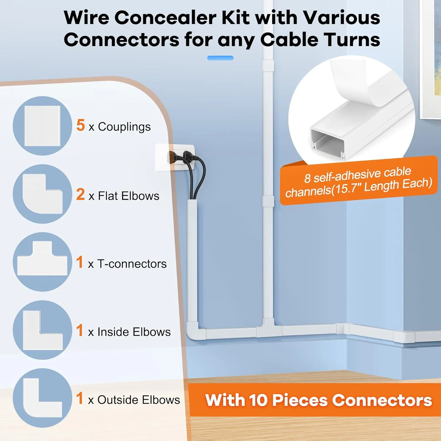 126in Cord Hider Kit, ZhiYo Cord Covers for Wall Mounted TV, Paintable Wire Cover for Cords, TV Cable Hider Wall Kit, Wall Cord Concealer, Cable Cover Wall Wire Management, 8xL15.7in W0.95in H0.55in