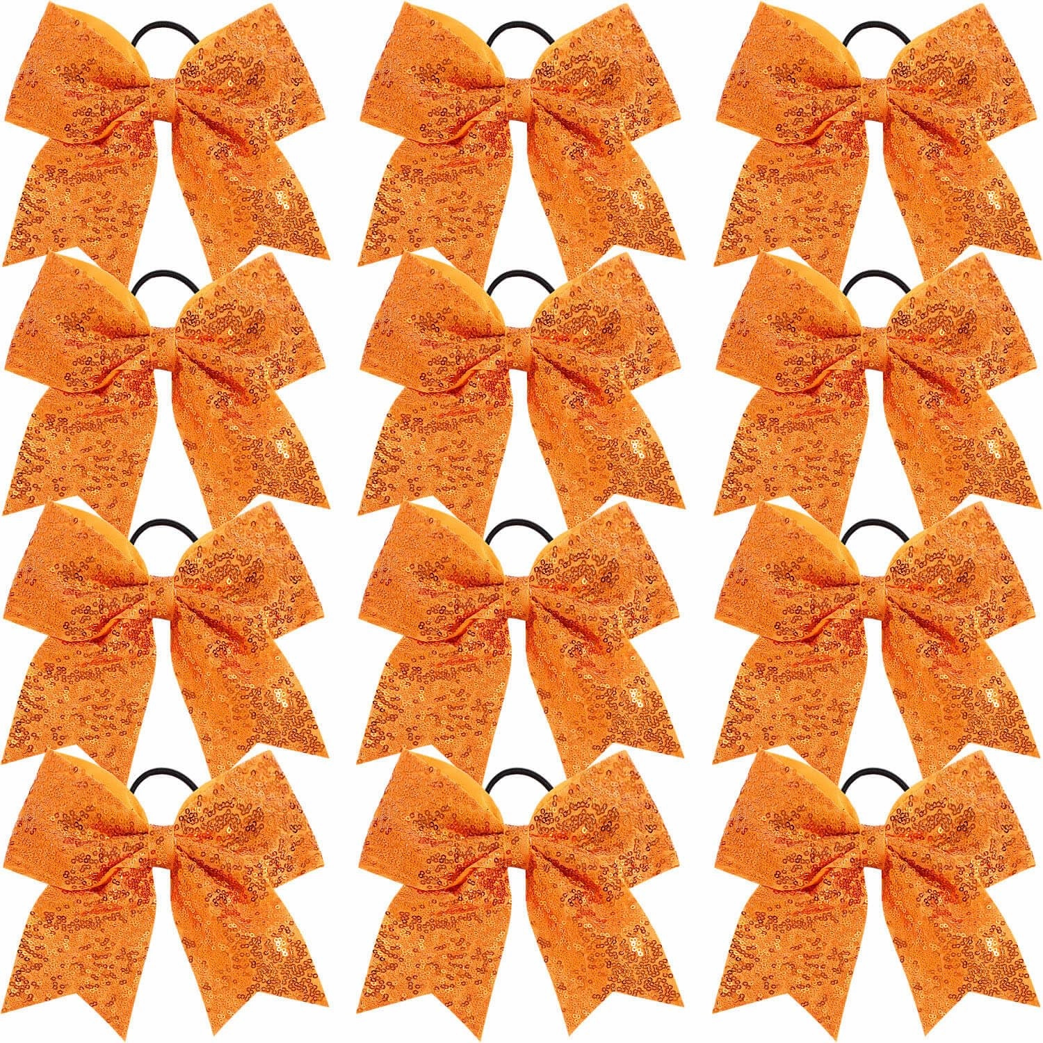 12 Pcs Large Glitter Cheer Bows Ponytail Holder Girls Elastic Hair Ties 8" Big Hair Bows Sports Cheerleaders Accessories for Teens Women Cheerleader Girls (Orange)