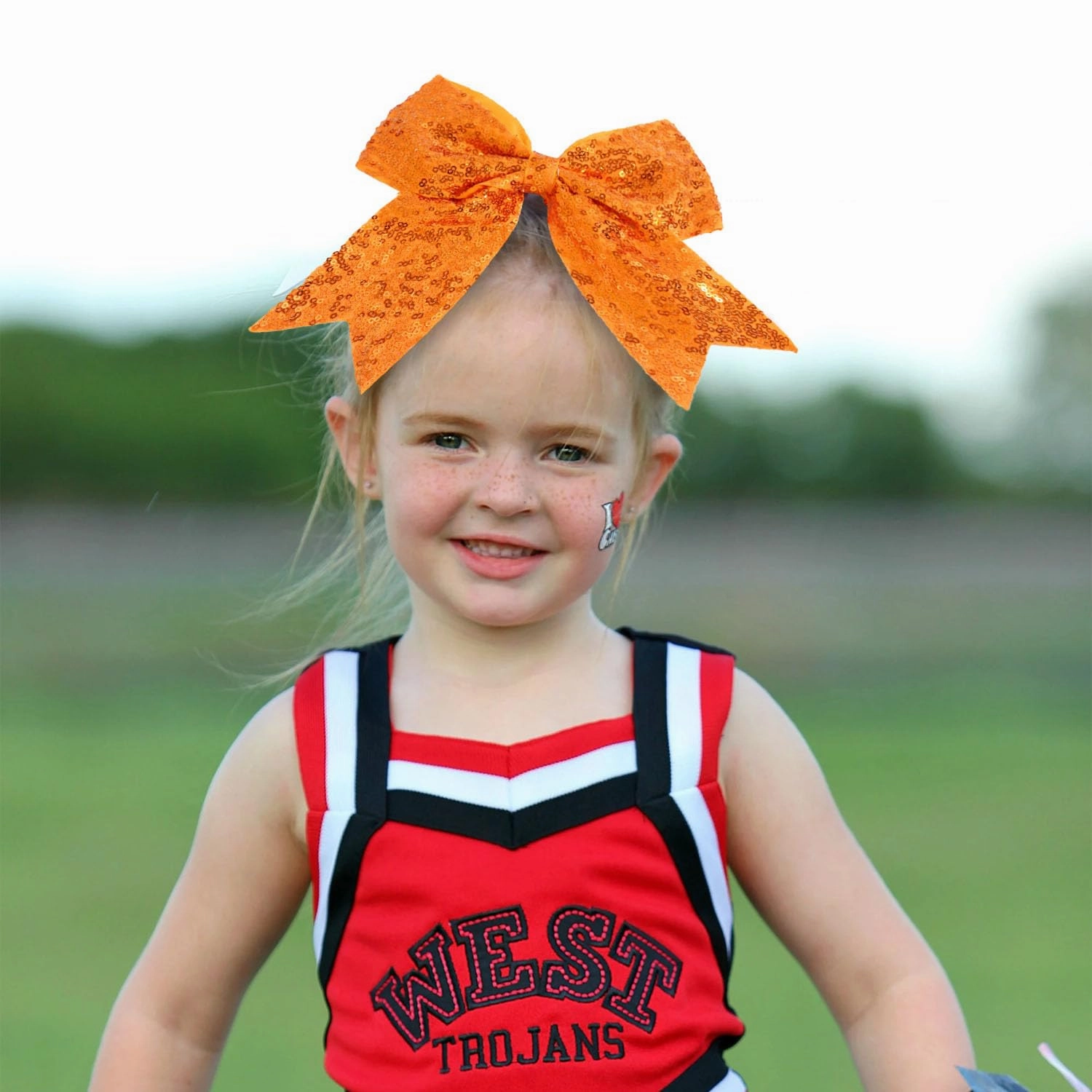 12 Pcs Large Glitter Cheer Bows Ponytail Holder Girls Elastic Hair Ties 8" Big Hair Bows Sports Cheerleaders Accessories for Teens Women Cheerleader Girls (Orange)