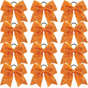 12 Pcs Large Glitter Cheer Bows Ponytail Holder Girls Elastic Hair Ties 8" Big Hair Bows Sports Cheerleaders Accessories for Teens Women Cheerleader Girls (Orange)