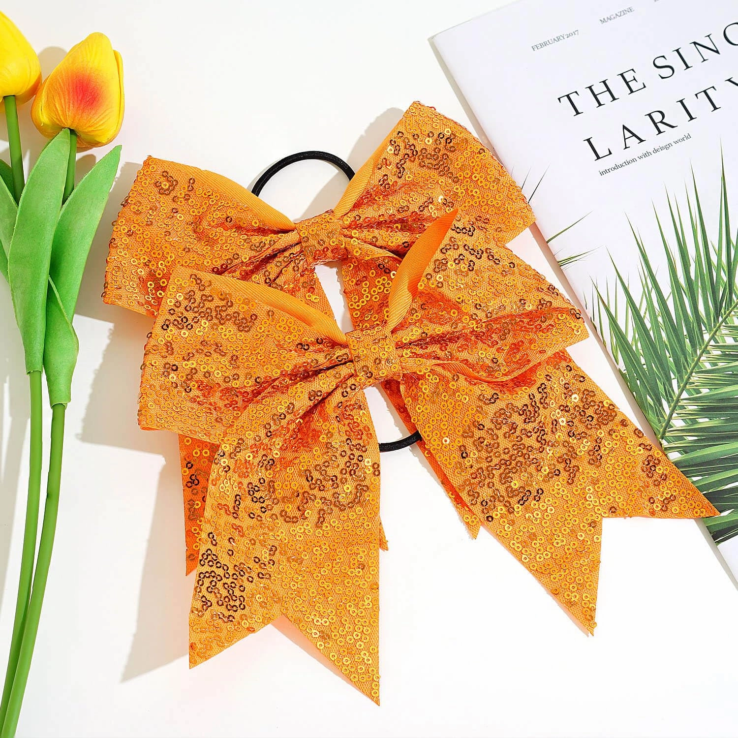 12 Pcs Large Glitter Cheer Bows Ponytail Holder Girls Elastic Hair Ties 8" Big Hair Bows Sports Cheerleaders Accessories for Teens Women Cheerleader Girls (Orange)