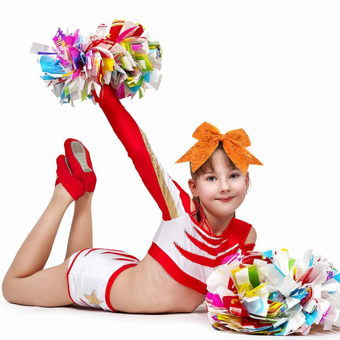 12 Pcs Large Glitter Cheer Bows Ponytail Holder Girls Elastic Hair Ties 8" Big Hair Bows Sports Cheerleaders Accessories for Teens Women Cheerleader Girls (Orange)