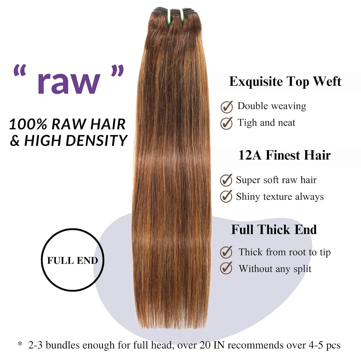 12A Double Drawn Honey Blonde Highlight Thick Raw Straight Human Hair Single Bundles 20 Inch, Ombre Brown Soft & Bouncy 100% Raw Human Hair Piano Colored P4/27 Quick Weave