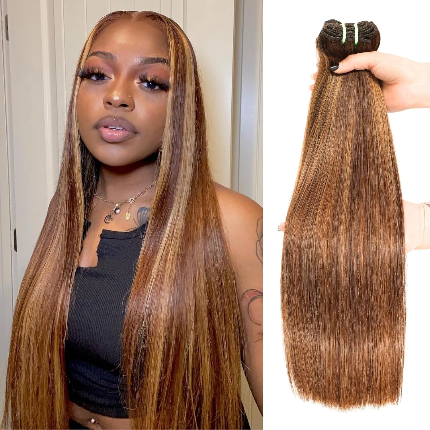 12A Double Drawn Honey Blonde Highlight Thick Raw Straight Human Hair Single Bundles 20 Inch, Ombre Brown Soft & Bouncy 100% Raw Human Hair Piano Colored P4/27 Quick Weave