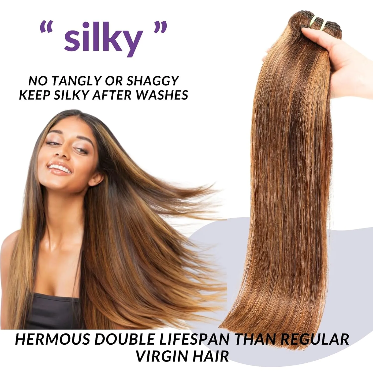 12A Double Drawn Honey Blonde Highlight Thick Raw Straight Human Hair Single Bundles 20 Inch, Ombre Brown Soft & Bouncy 100% Raw Human Hair Piano Colored P4/27 Quick Weave