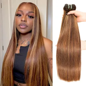 12A Double Drawn Honey Blonde Highlight Thick Raw Straight Human Hair Single Bundles 20 Inch, Ombre Brown Soft & Bouncy 100% Raw Human Hair Piano Colored P4/27 Quick Weave
