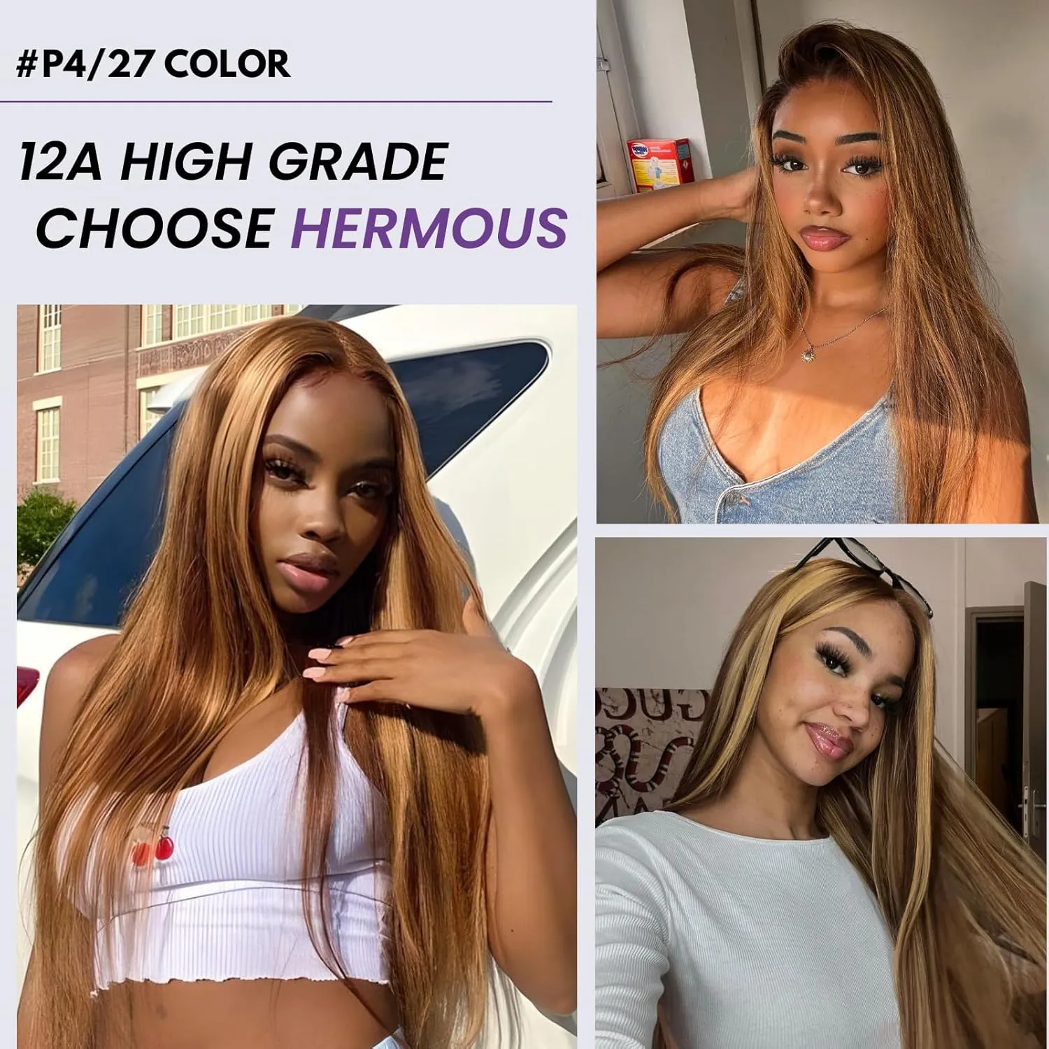 12A Double Drawn Honey Blonde Highlight Thick Raw Straight Human Hair Single Bundles 20 Inch, Ombre Brown Soft & Bouncy 100% Raw Human Hair Piano Colored P4/27 Quick Weave