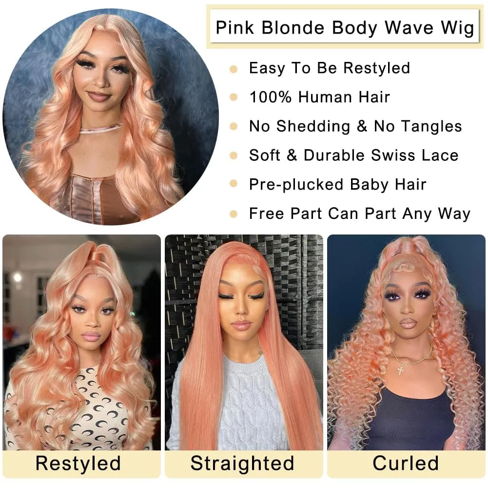 12Inch Pink Bob Wig Human Hair 13x4 Pink Bob Lace Front Wig Blonde Body Wave Lace Front Wig Pre Plucked Rose Gold Human Hair Wigs for Women Colored Frontal Wig Human Hair