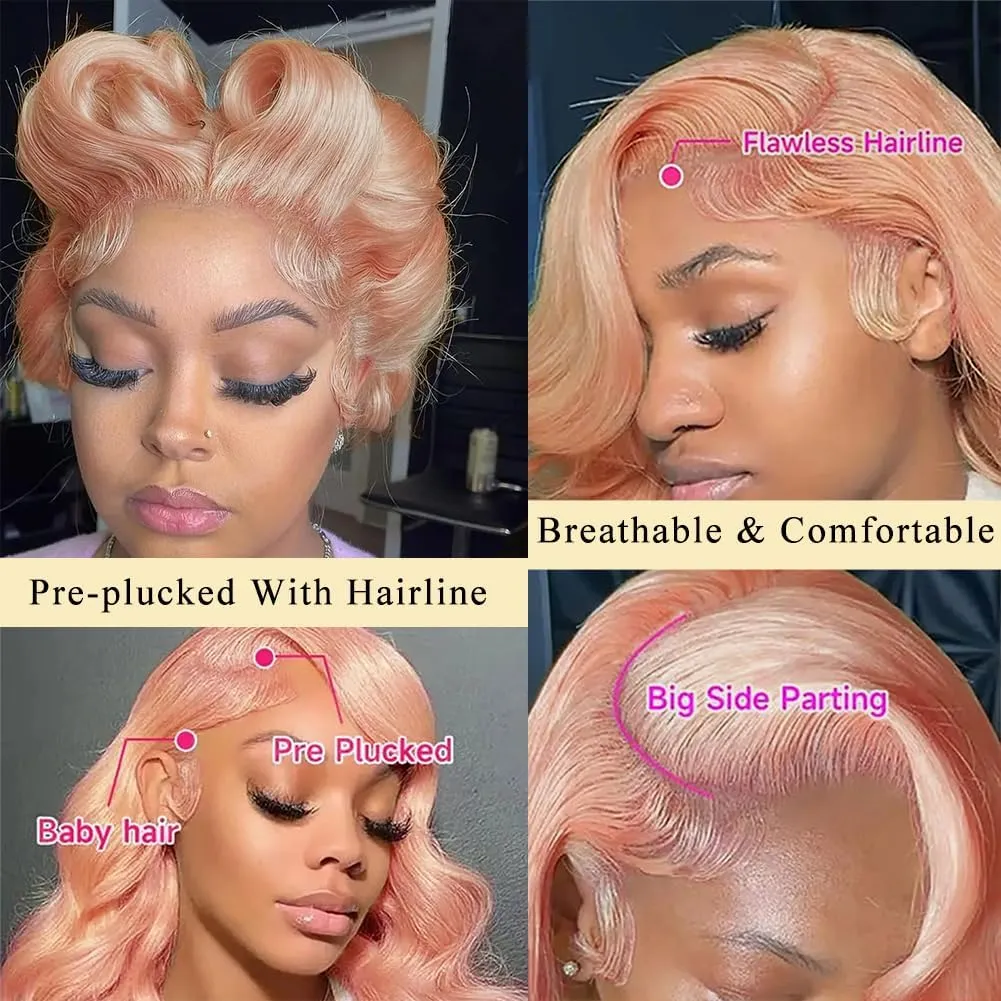 12Inch Pink Bob Wig Human Hair 13x4 Pink Bob Lace Front Wig Blonde Body Wave Lace Front Wig Pre Plucked Rose Gold Human Hair Wigs for Women Colored Frontal Wig Human Hair