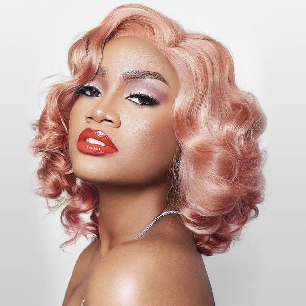 12Inch Pink Bob Wig Human Hair 13x4 Pink Bob Lace Front Wig Blonde Body Wave Lace Front Wig Pre Plucked Rose Gold Human Hair Wigs for Women Colored Frontal Wig Human Hair
