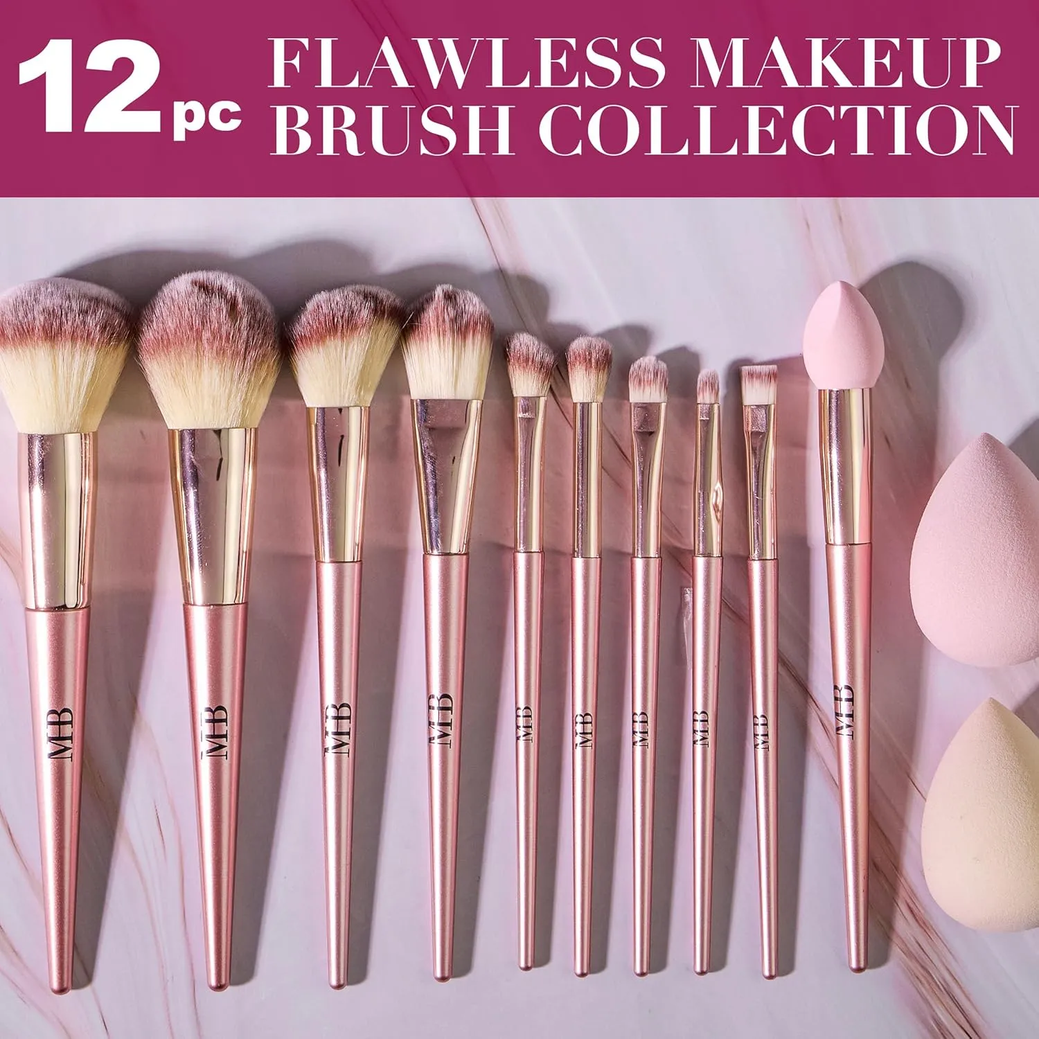 12pc Flawless Makeup Brush Collection in Rose Gold - Beautiful Makeup Brush Set w/Glitter Handles, Dense Bristles | Premium Cosmetic Brushes for Contouring and Highlighting