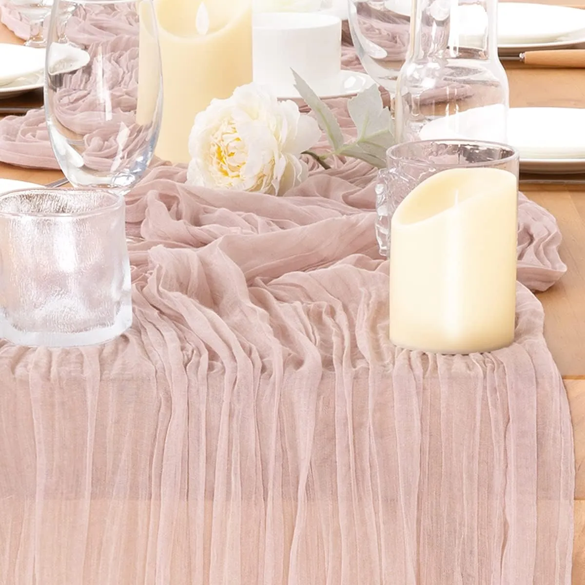 12pcs Blush Pink Summer Cheesecloth Table Runner Bulk 22×120 inch 10FT Rustic Boho Gauze Table Cloth for Wedding Baby Bridal Shower Birthday Home Party Graduation Decorations