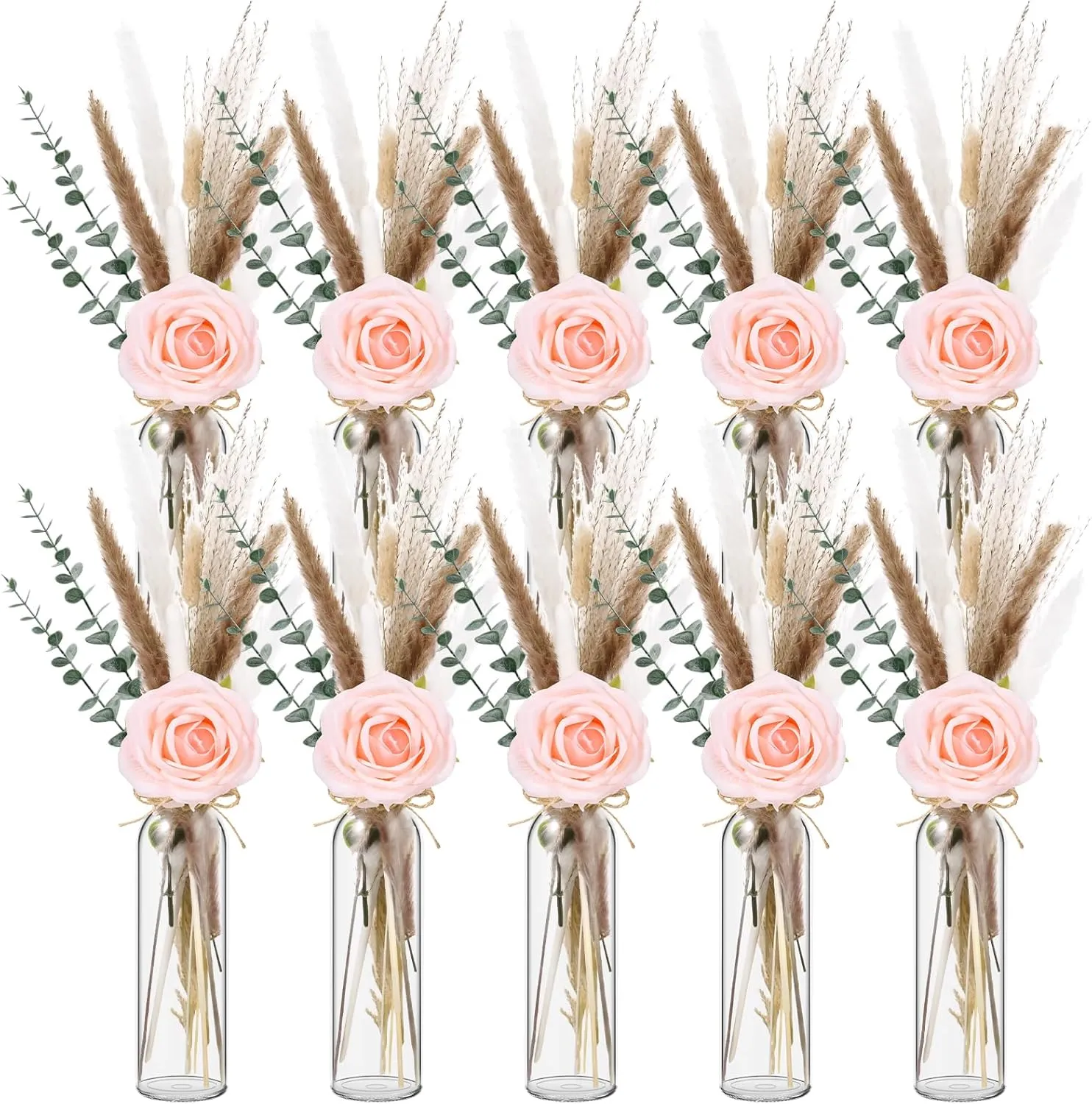 130 Set Pampas Grass Wedding Centerpieces For Tables 10 Clear Glass Jars 10 Eucalyptus 10 Pink Artificial Roses 100 Dried Pampas Grass with Rope for Home Decor Wedding Party Birthday