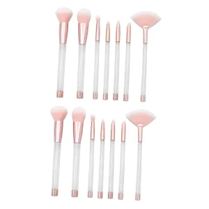 14 Pcs Makeup Brush Set and Sponges with Empty Handle Suits for Women Crystal Handle Pink Bottom White Hair for Diy