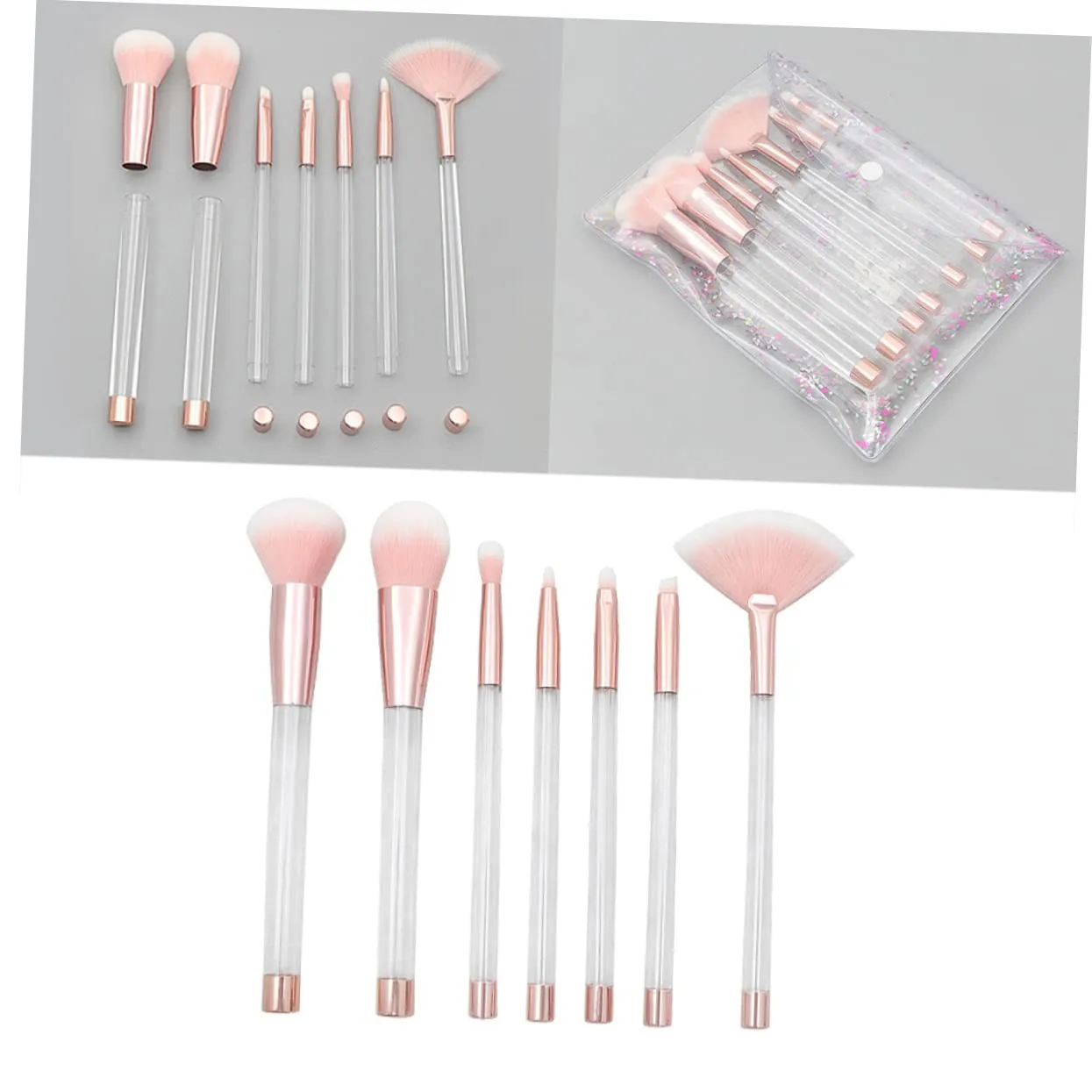 14 Pcs Makeup Brush Set and Sponges with Empty Handle Suits for Women Crystal Handle Pink Bottom White Hair for Diy