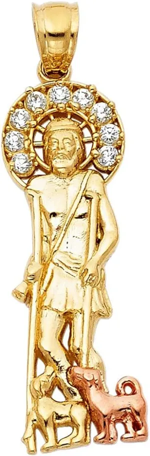 14K Two Tone Gold CZ Religious St. Lazaro Pendant - Crucifix Charm Polish Finish - Handmade Spiritual Symbol - Gold Stamped Fine Jewelry - Great Gift for Men & Women for Occasions, 31 x 10 mm, 2.1 gms