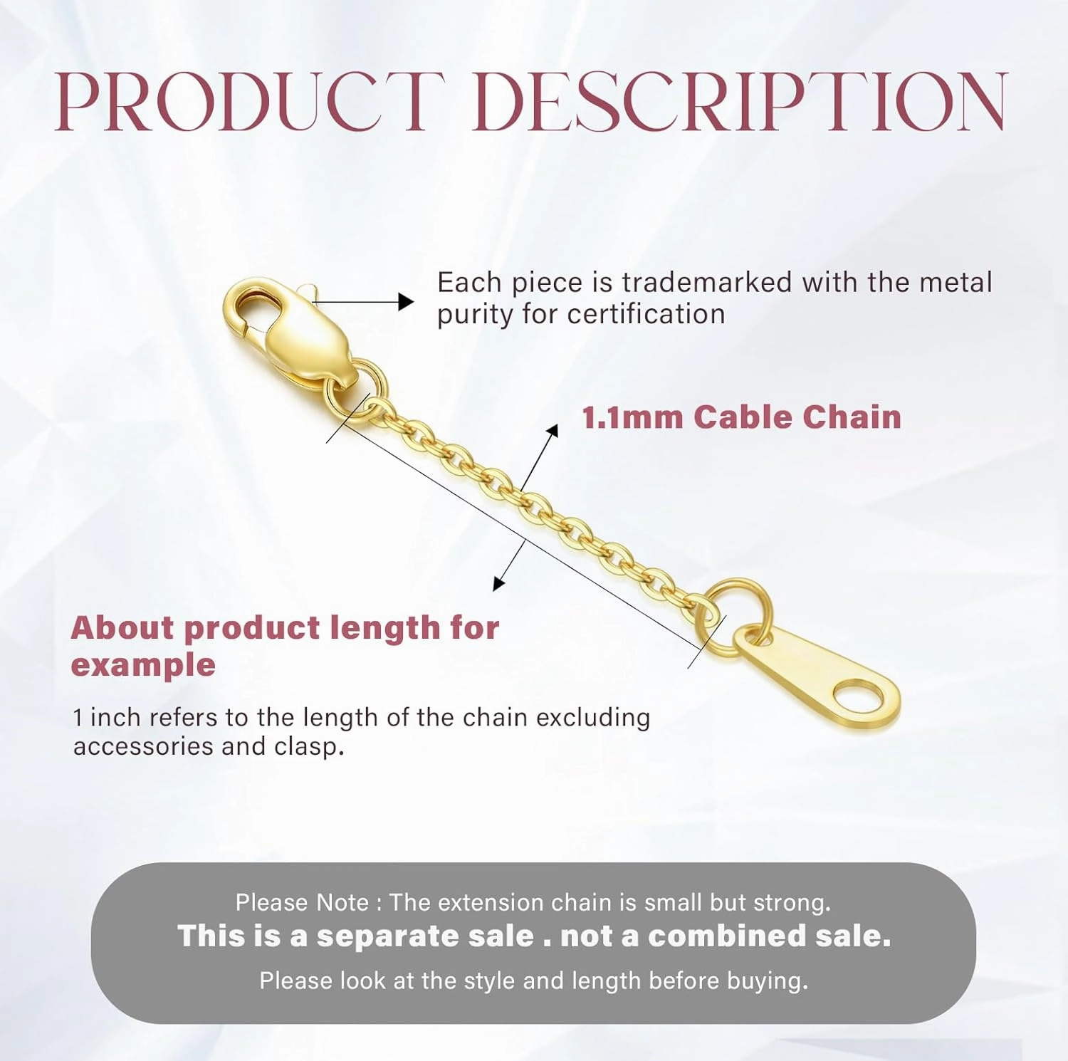 14k Gold Necklace & Bracelet Extender Chain, 1"/1.5"/2"/3"/4"/5" Durable Removable Gold Extension Chain