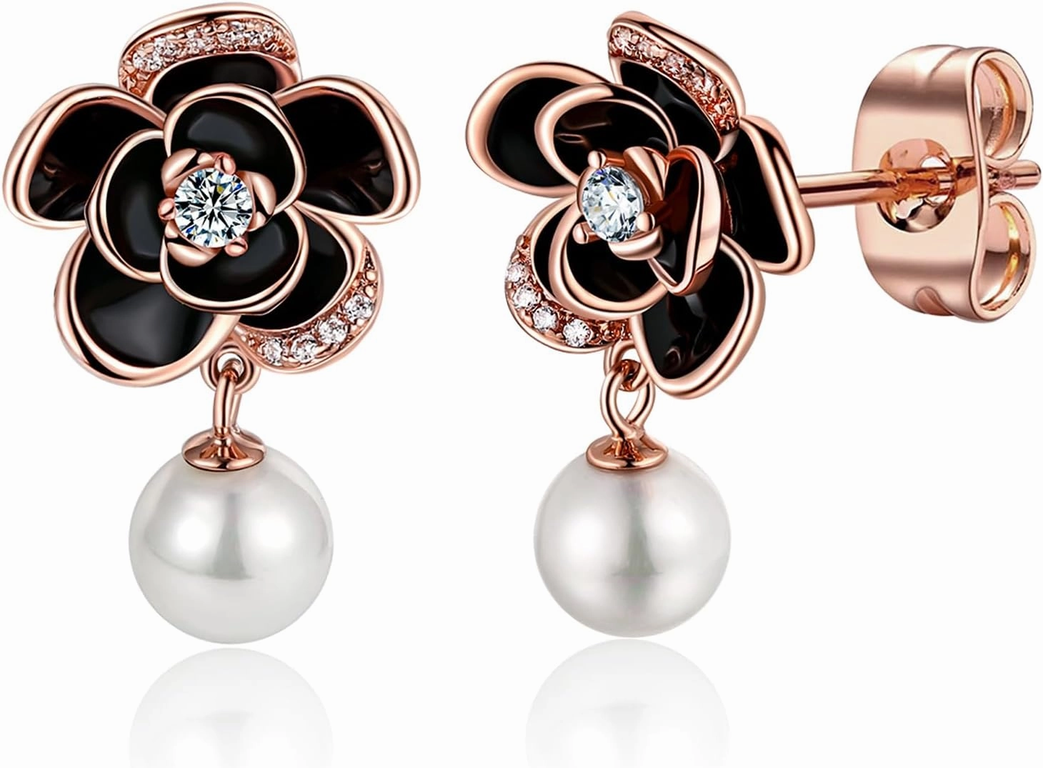 14K Gold Rose Flower Sterling Silver Stud Earrings For Women Dainty Rose Gold Pearl Earrings Hypoallergenic Earrings Cute Studs For Her Nickel Free