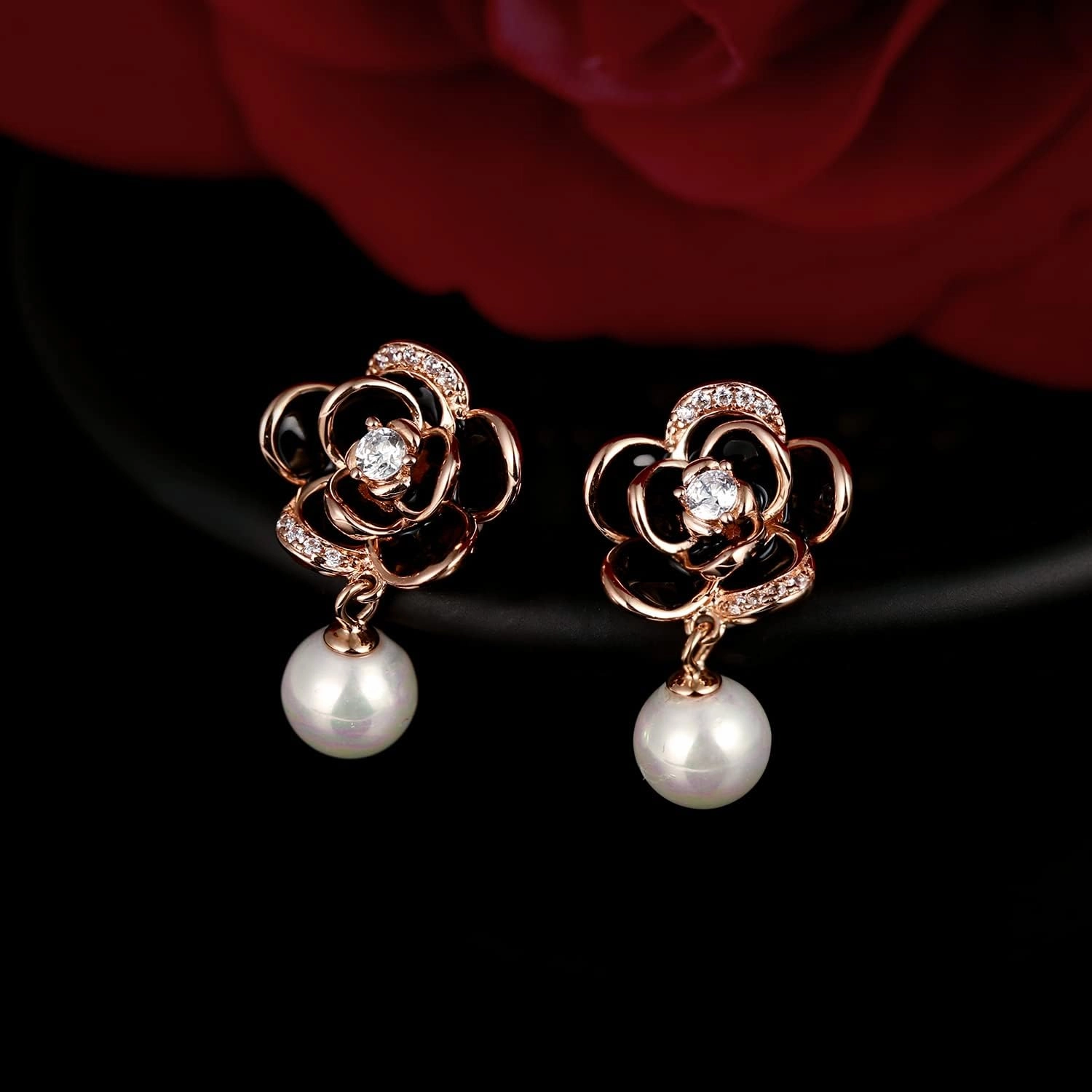 14K Gold Rose Flower Sterling Silver Stud Earrings For Women Dainty Rose Gold Pearl Earrings Hypoallergenic Earrings Cute Studs For Her Nickel Free