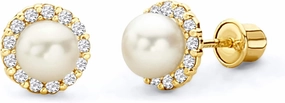 14k REAL Yellow Gold Freshwater Cultured Pearl & CZ Stud Earrings with Screw Back